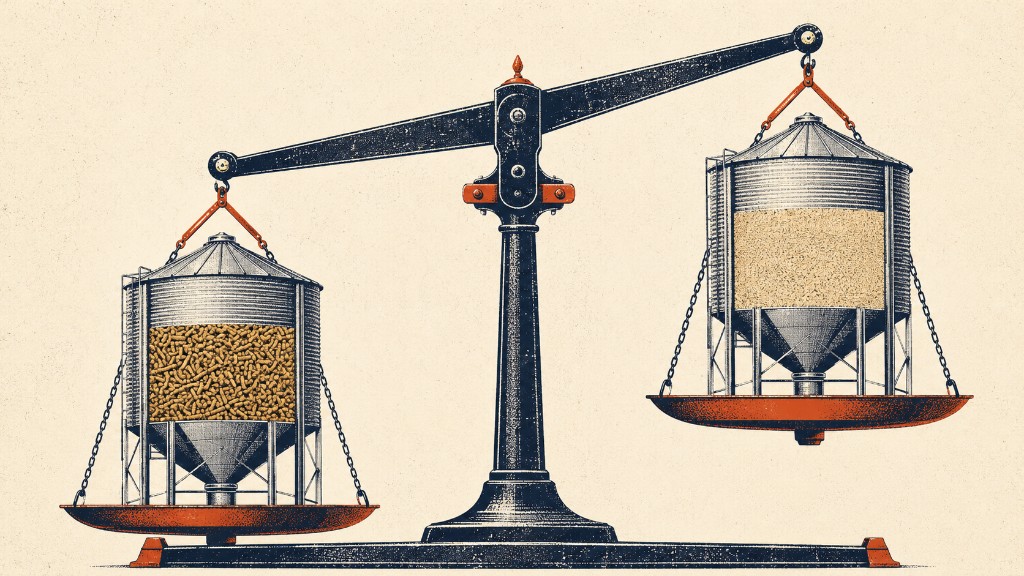 Une balance vintage compare deux silos identiques remplis au même niveau avec des formes d’aliment différentes, montrant comment la masse volumique modifie le poids pour un même volume.