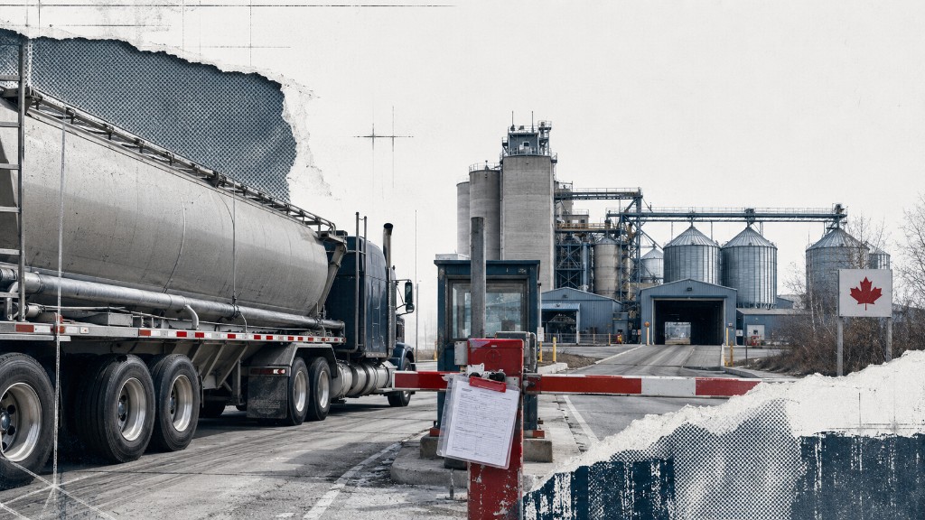 Collage désaturé d’un camion-citerne à la barrière de sécurité d’une meunerie canadienne, avec un panneau à feuille d’érable et des documents approuvés.