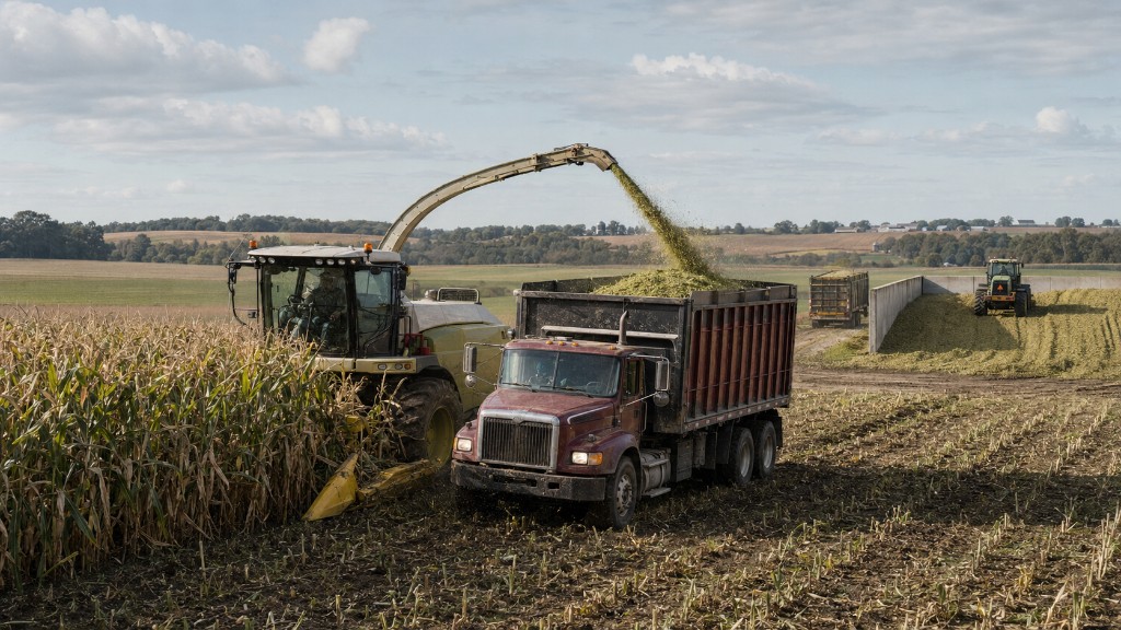 Forage harvester chopping corn into a truck beside the field, with a bunker and packing equipment in the distance.