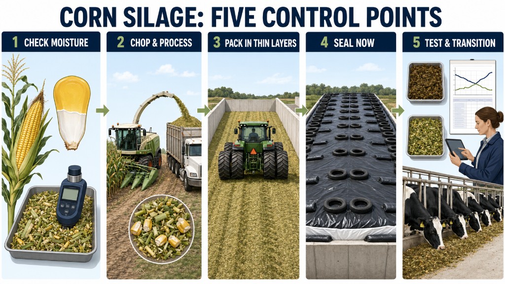Five-panel infographic of corn silage control points: check moisture, chop and process, pack in thin layers, seal now, and test and transition.