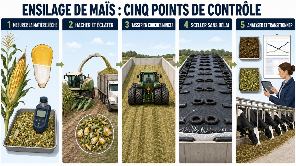 Infographie en cinq panneaux des points de contrôle de l’ensilage de maïs : mesurer la matière sèche, hacher et éclater, tasser en couches minces, sceller sans délai, analyser et transitionner.