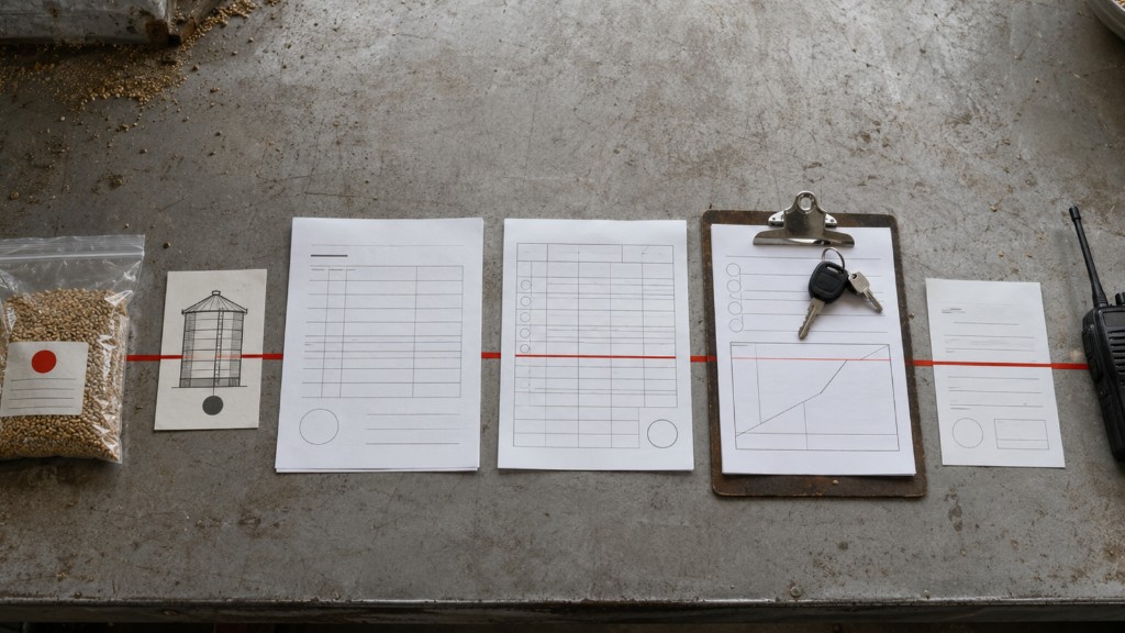 Photographie éditoriale en plongée montrant des documents d’exploitation d’une meunerie, un échantillon d’aliment, des clés de camion, un bon de livraison et une radio reliés par une ligne rouge continue.