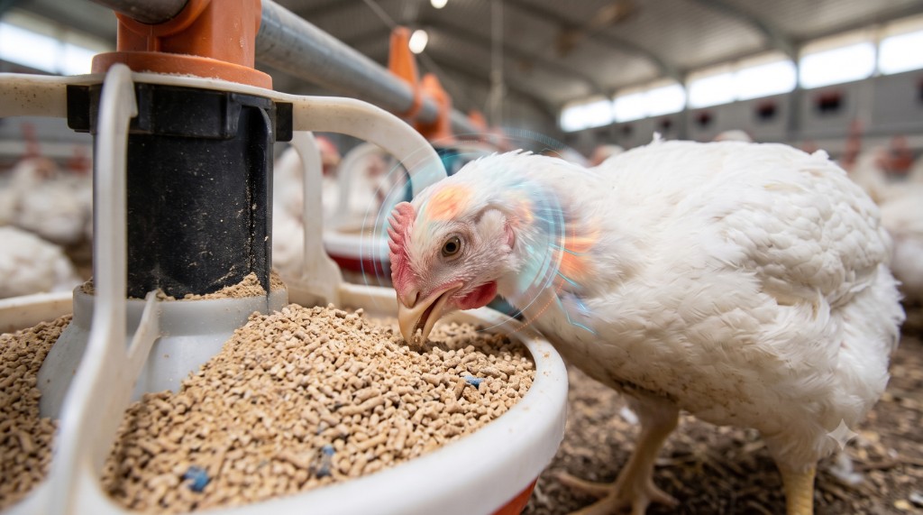 Un poulet à griller s’alimentant à une mangeoire automatisée dans un poulailler commercial, avec un léger habillage graphique évoquant l’énergie dépensée en picorant des fines.