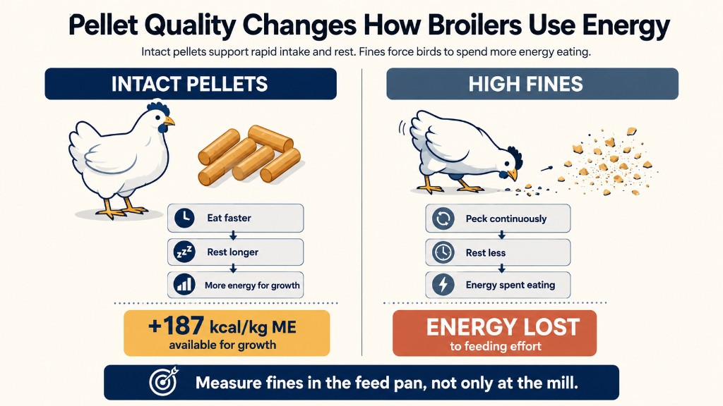 Infographic comparing intact pellets with high fines: faster intake and rest versus continuous pecking, +187 kcal/kg ME for growth versus energy lost to feeding effort.