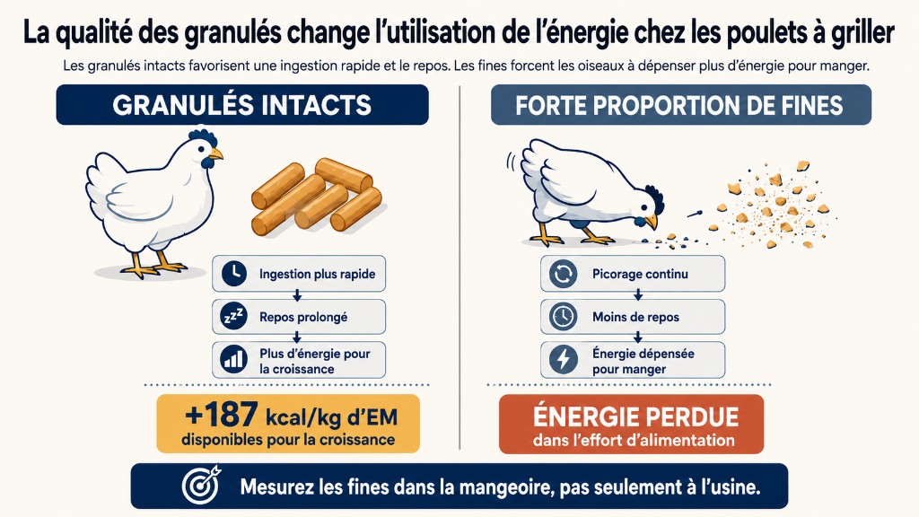 Infographie comparant granulés intacts et forte proportion de fines : ingestion rapide et repos versus picorage continu, +187 kcal/kg d’EM pour la croissance versus énergie perdue en effort d’alimentation.