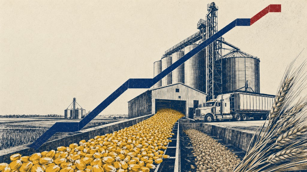 Illustration d’une élévateur à grains et de silos canadiens avec du maïs qui déborde, un camion en vrac et une courbe de prix à la hausse.