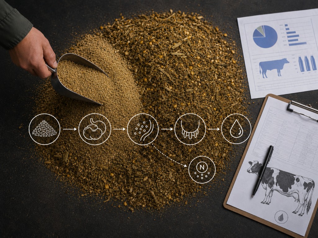 Overhead editorial photograph of mixed dairy feed, a supplement scoop, dairy-analysis reports and a Holstein cow record, with a line diagram tracing feed through the rumen to milk and excess nitrogen.