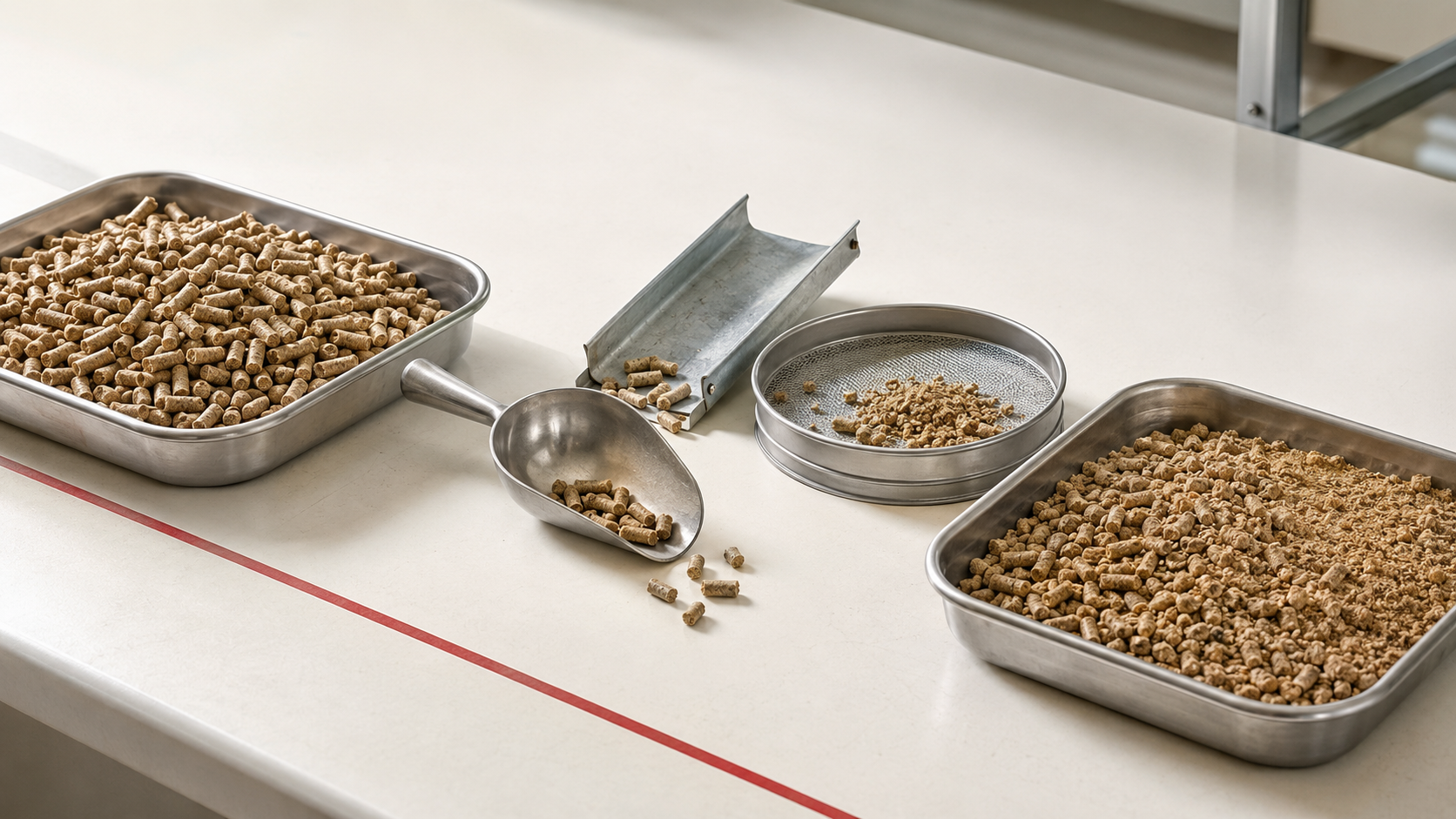 Intact feed pellets, a sieve and a second tray containing broken pellets and fines arranged across a feed-quality laboratory bench.